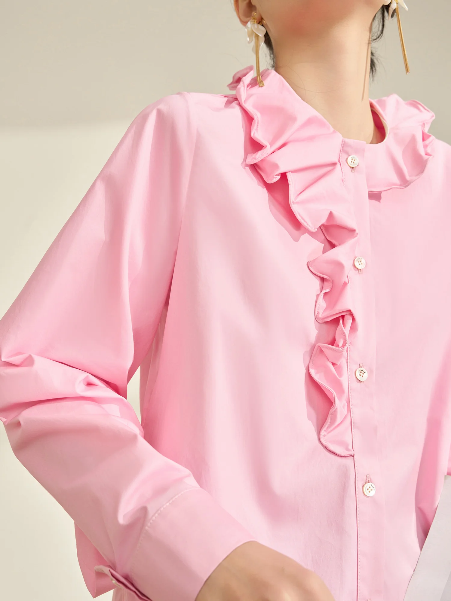 

Unique Pink Blouse Women's Design Sense Splicing Lace Hem Flowing Era Faionable irt Commute Sle Loose Polyester Long Sl...