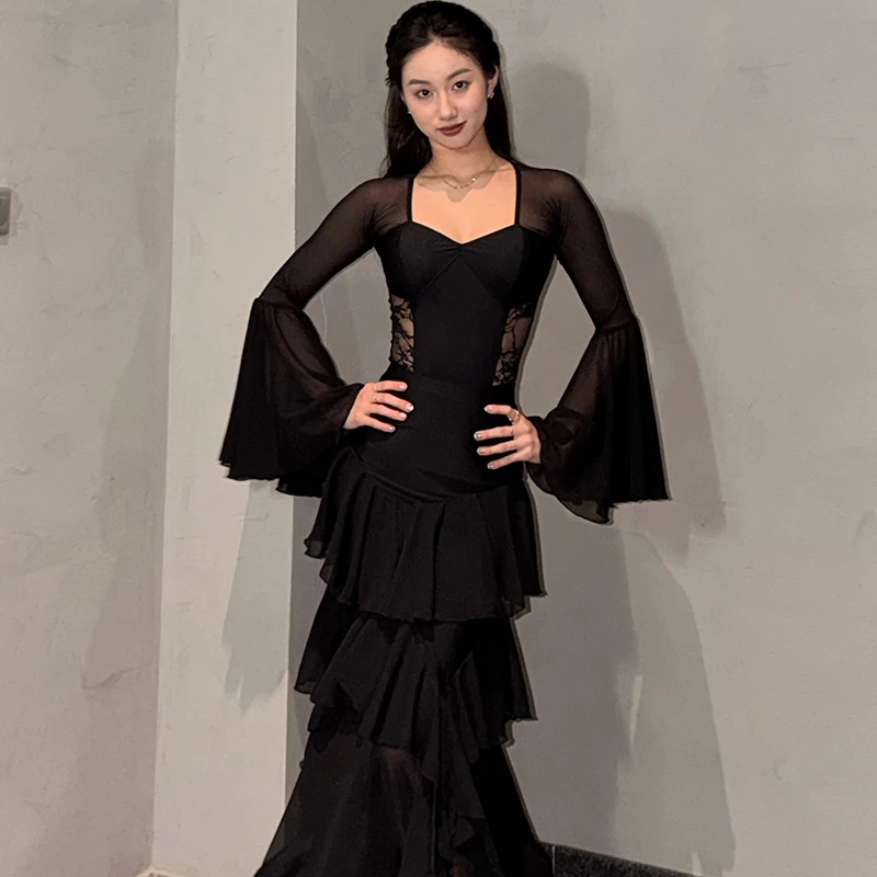 Robe de salon noire pour femmes, vêtements de danse modernes Standard, manches évasées, jupe d'entraînement, vêtements de danse pour salle de bal pour adultes, VDL4935