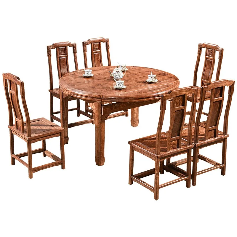 Mahogany modern hedgehog red sandalwood Ming-style retractable dining table and chair combination, solid wood dining table