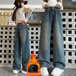 Winter Teen Girls Thick Velvet Jeans Embroidered Love Wide Leg Denim Pants School Kids Elastic Waist Straight Fit Trousers 5-14