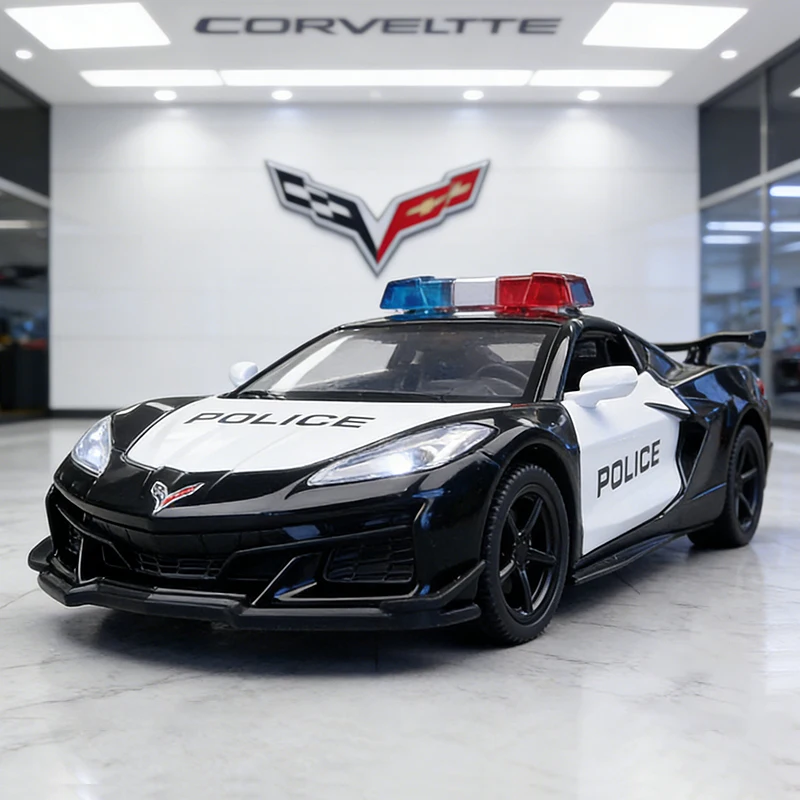 

Масштабная модель полицейского автомобиля Chevrolet Corvette Z06 1:32 из сплава, со звуком и светом, детская игрушка, коллекционная модель, подарок на день рождения