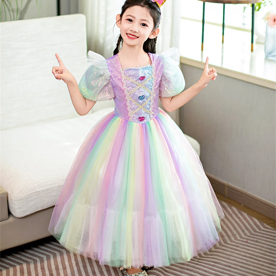 Girls Unicorn Rainbow Dress Kids Halloween Birthday Carnival Party Fancy Vestido Gradient Costume Princess Puff Sleeve Ball Gown