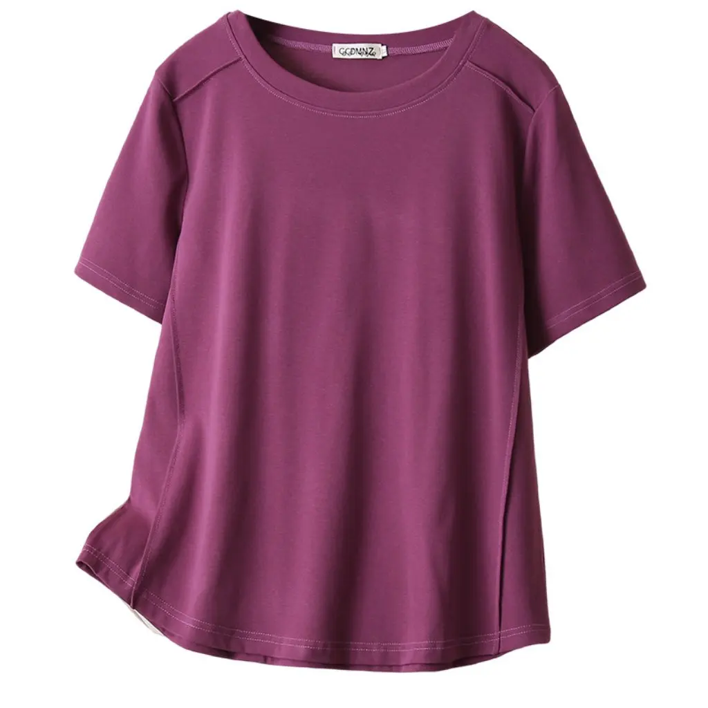 プラスサイズの女性の Tシャツ夏シンプルな半袖クルーネックプリーツストレッチトップ無地オールマッチインナーウェア 023