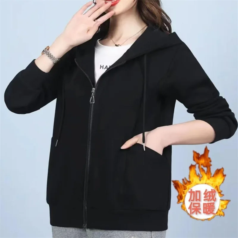 Women Coat 2024 Spring Autumn Korean New Jacket Hooded Cardigan Add Velvet Padded Outerwear Ladies Loose Leisure Overcoat Female