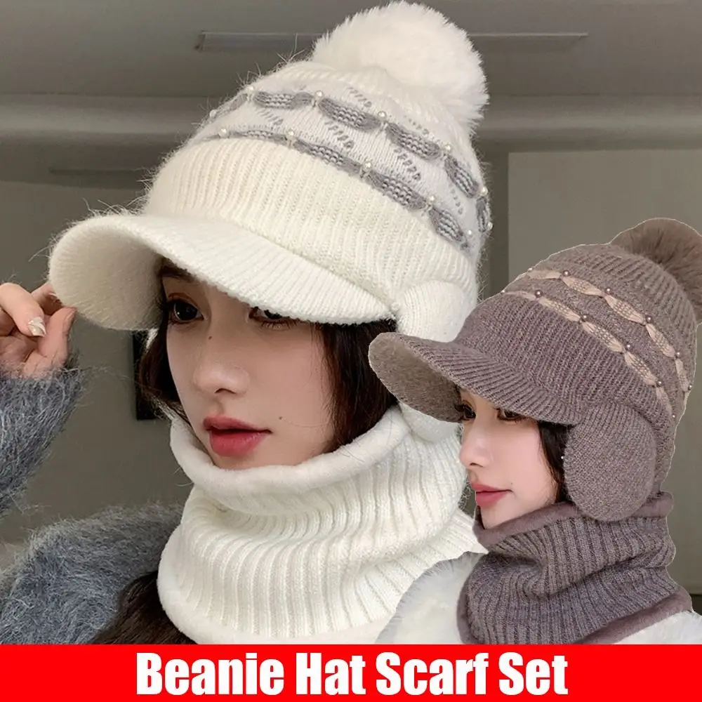 Cold-proof Beanie Hat Scarf Set Windproof Duck Bill Woolen Hat Beanies Caps Thicken Plus Velvet Scarf Warm Knit Hat