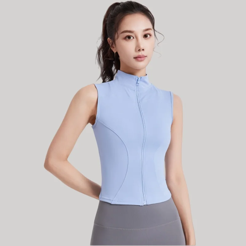 Women Zipper Yoga Shirts Solid Stand Collar Elastic Slim Fit Sports Jacket Breathable Sleeveless Sunscreen Workout Clothes