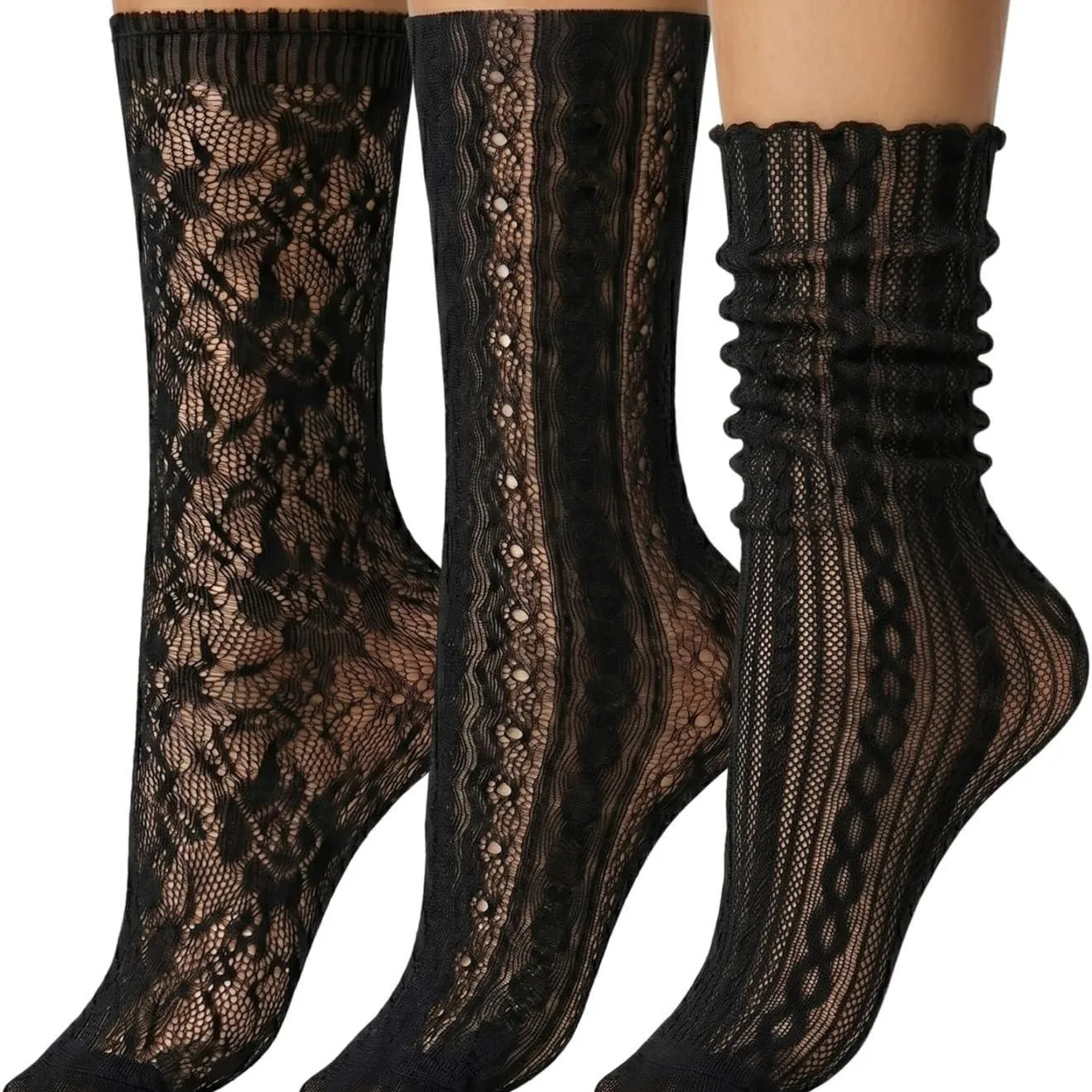 Three Pairs of Mid-Calf Hollow Mesh Socks, Women's Breathable Layered Socks, Summer Thin Lace Ruffle Heart Socks