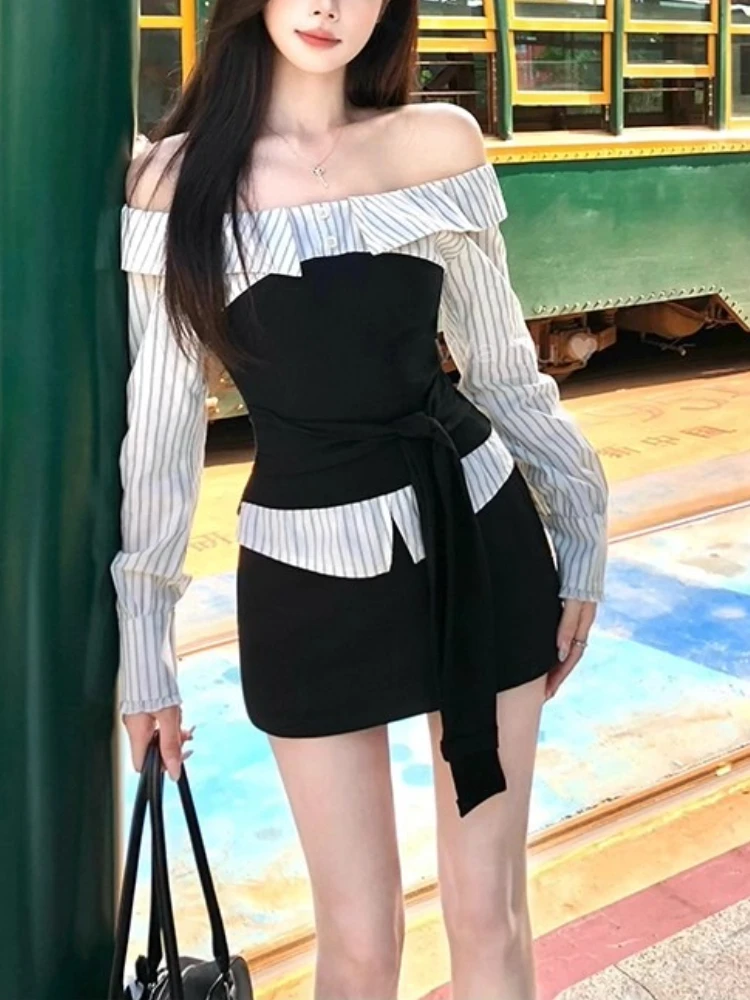 Herbst Elegante Gestreifte Design Patchwork Sets Eine Schulter Schlank Top + Mini Rock Anzug Frauen Korea Chic Langarm 2-stück Set
