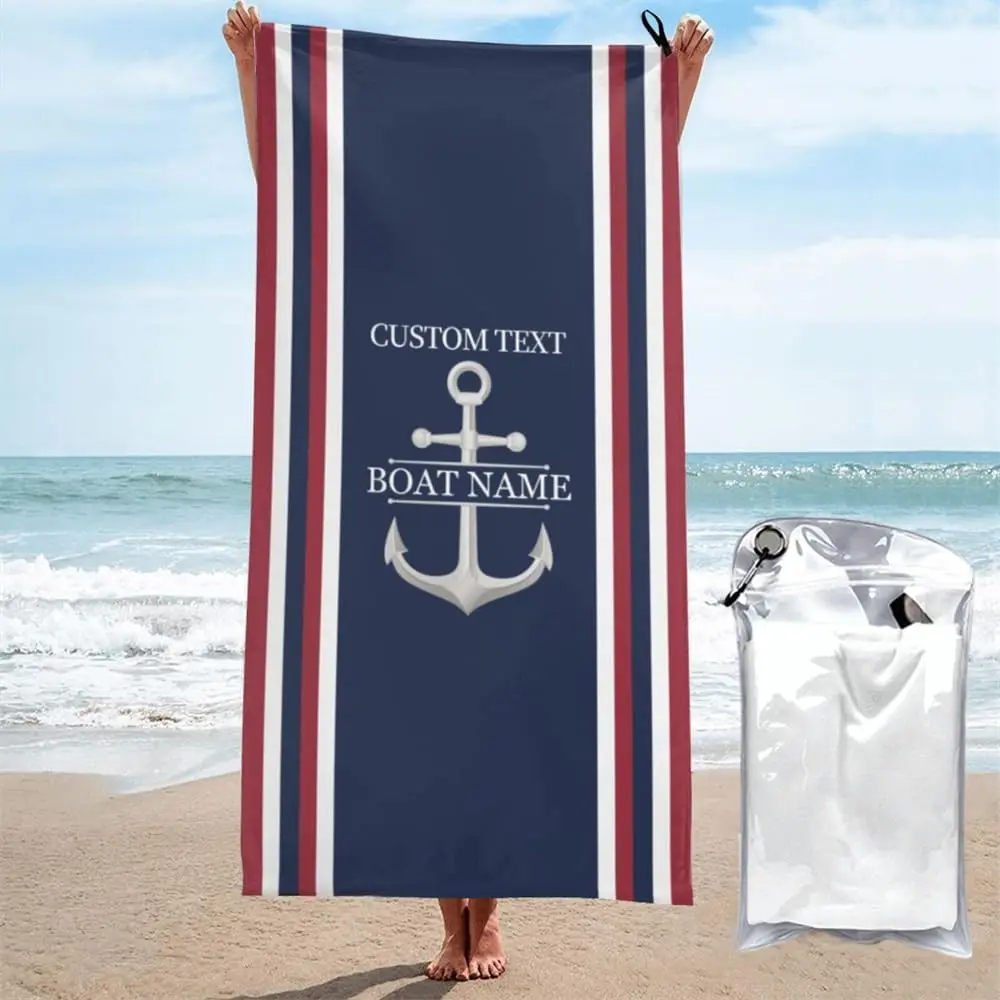 Personalized Nautical Beach Towel Custom Boat Anchor Stripe Summer Vacation Coastal Gift Waterproof Beach Blanket Man Woman Sail
