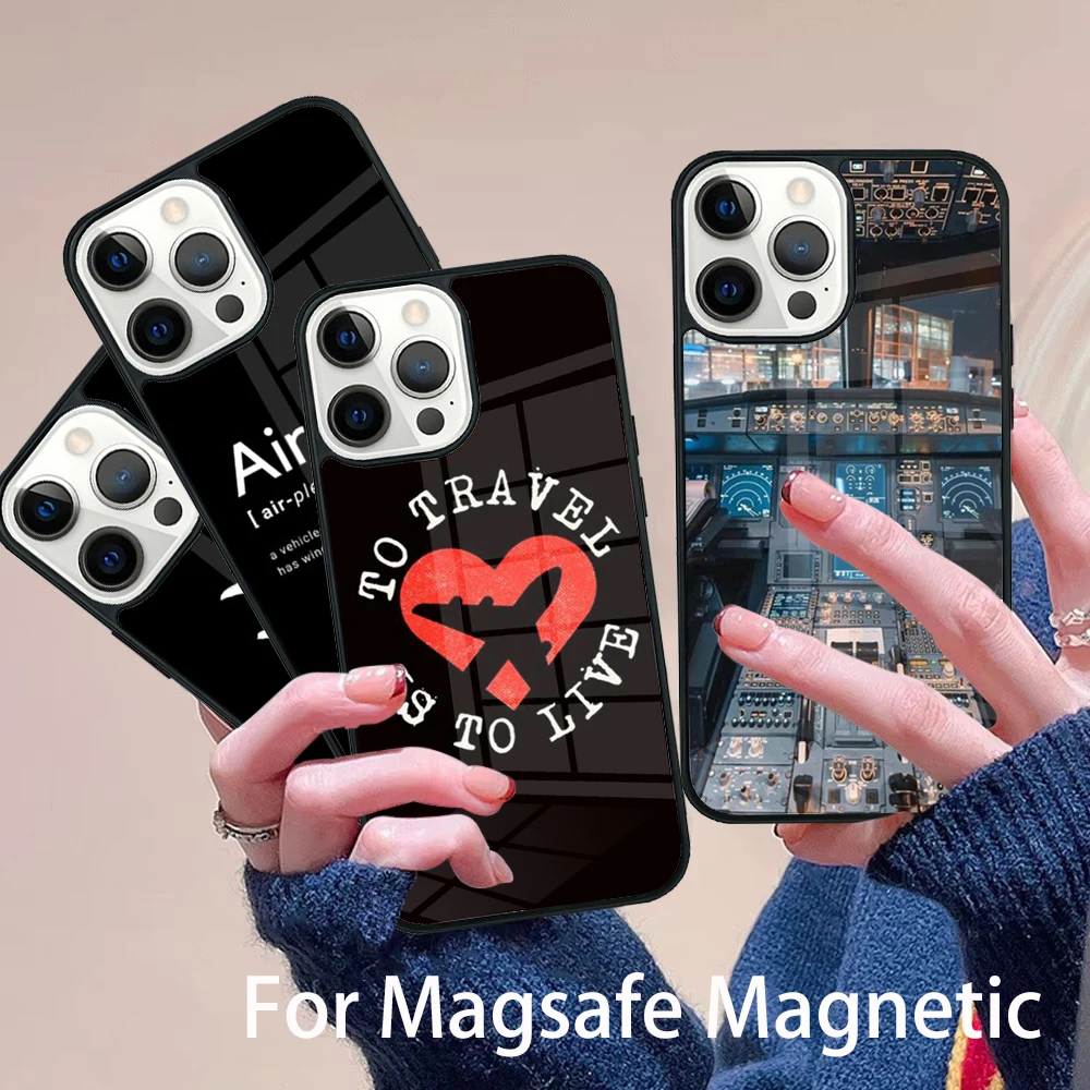 

airplane Travel Flying Phone Case Magesafe Magnetic Wireless Charge Cover For IPhone 16 11 12 13 14 15 Pro Max Plus Mini