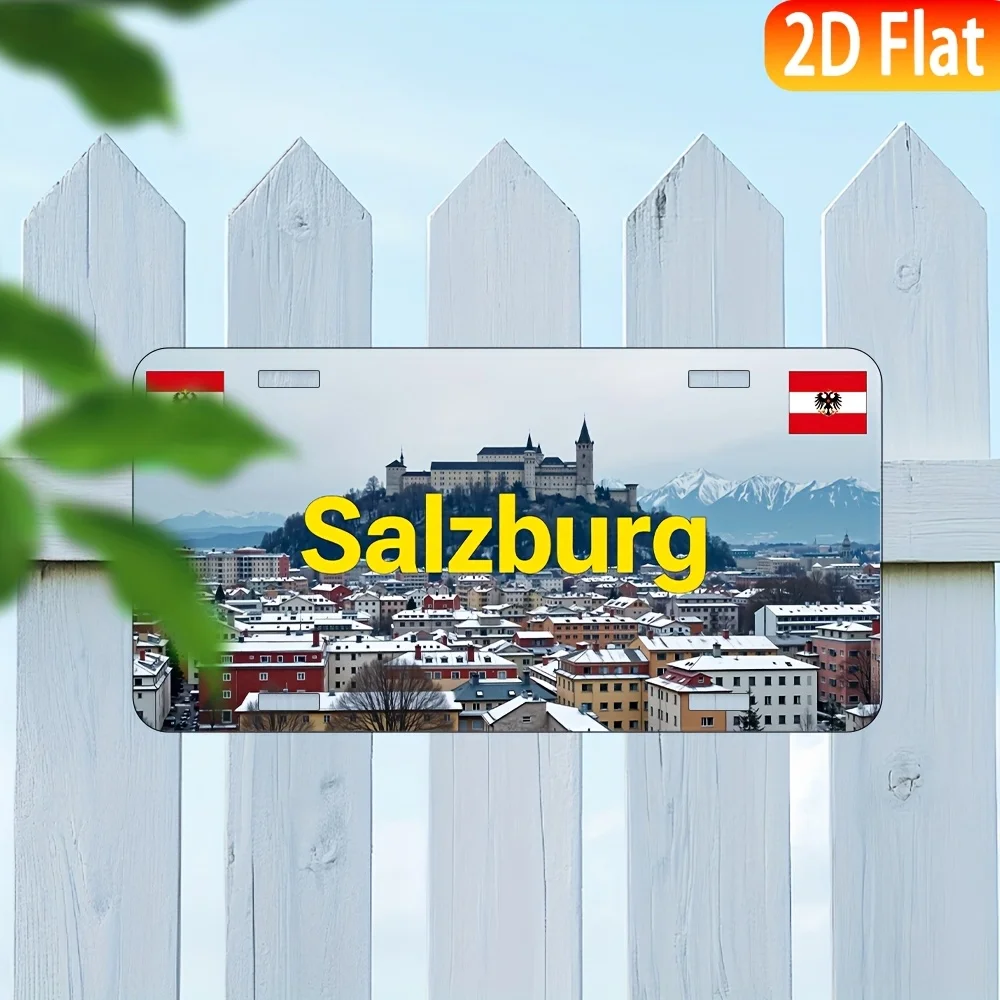 Vintage  Aluminum Sign - Salzburg Cityscape Wall Decor with Snow-Capped Mountains, for Home, Bar, Garage, Lawn, Man Cave - Perfe