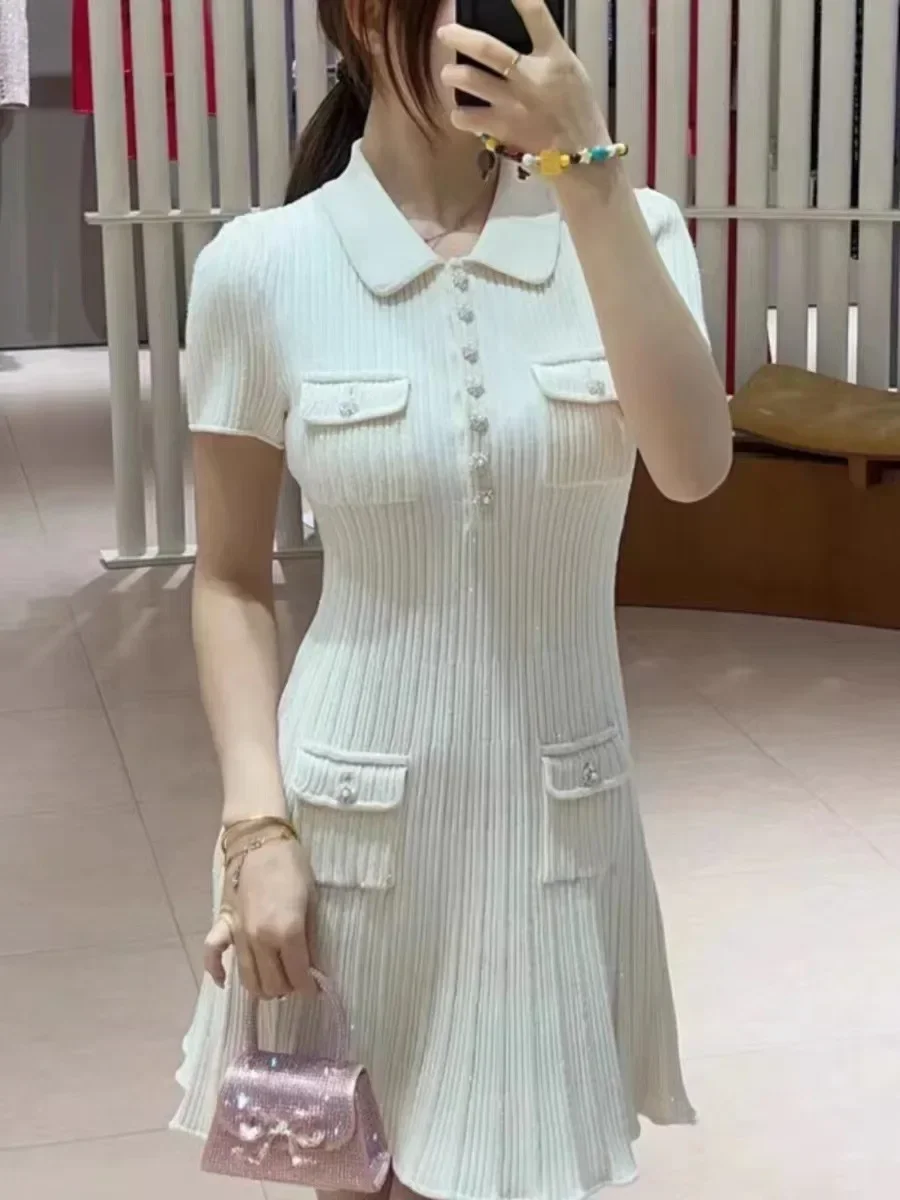 White Elegant Knitted Dress Women\'s Short Sleeve Temperament Diamond Buckle Slim Dresses