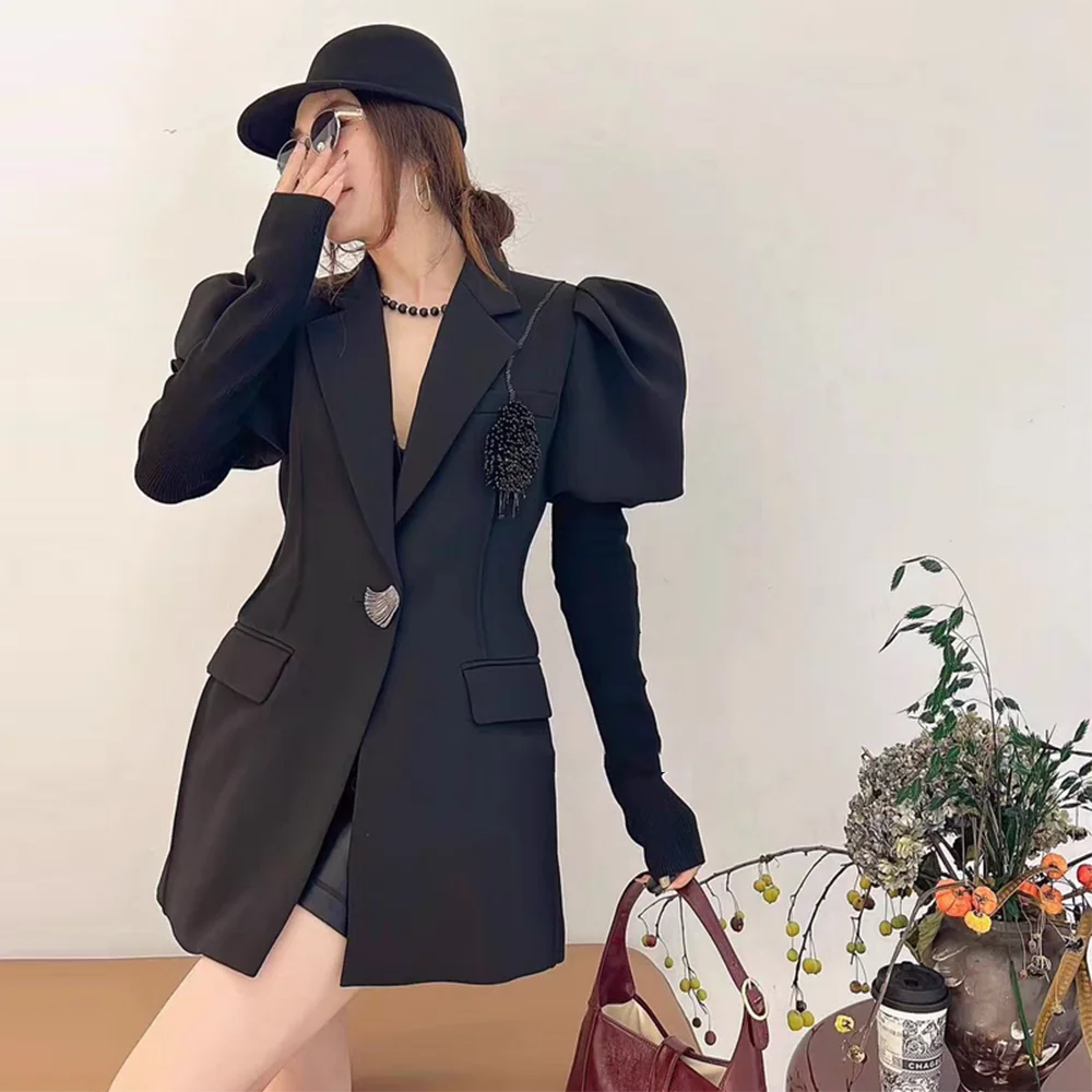 TWOTWINSTYLE Solid Designer Blazers For Women Lapel Neck Puff Sleeve Tunic Patchwork Button Temperament Coats Female Fashion New