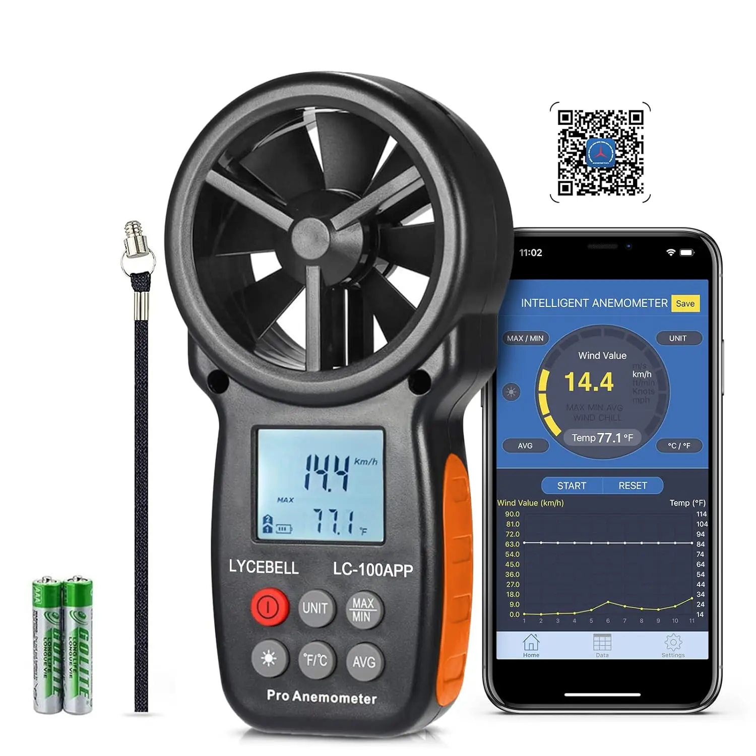 Handheld Anemometer, LC-100-APP Digital Anemometer, Wireless Bluetooth App Connection, for Measuring Wind Speed, Temperature