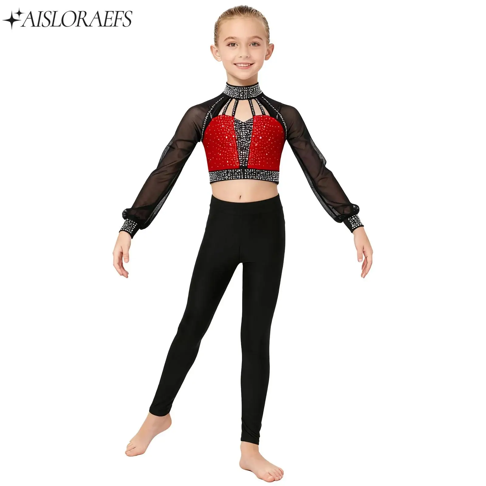 

Kids Girl Figure Skating Dance Outfit Gymnastics Ballet Performance Dancewear Long Sleeves Rhinestones Crop Top+Leggings Sets