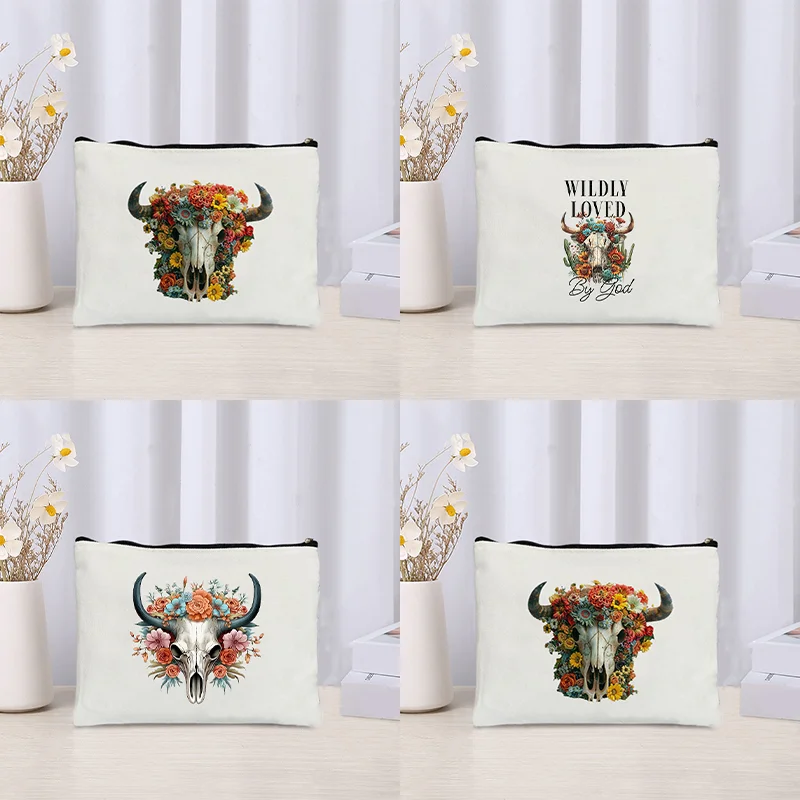 Wildly Loved By God Cosmetic Kit Wild and Free Cow Skull Floral Print Makeup Bag Wild Aesthetics Toiletry Pouch Pencil Case