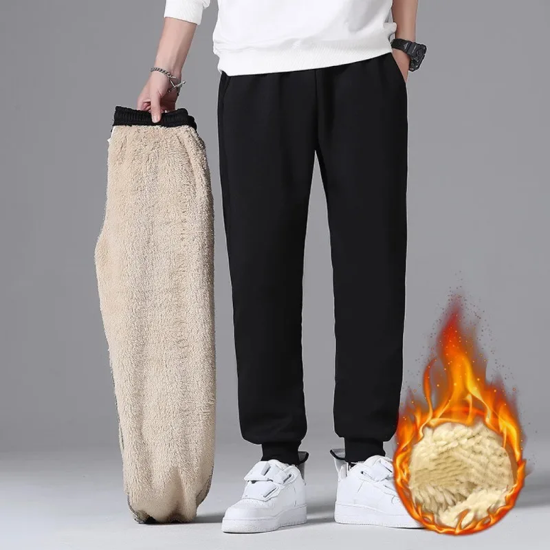 

Men Autumn and Winter Sweat Pants Plush Thickening Casual Trouser Warm Pant Plus Size Men's Mid Waist Fashion Sweatpant Black
