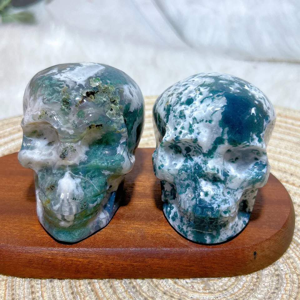 Healing Natural Crystal Moss Agate Skull Carving Polished
