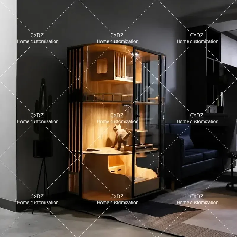 Curved Panoramic Cat Villa Glass Transparent Luxury Solid Wood Cat Cabinet House Coffee Display Cabinet
