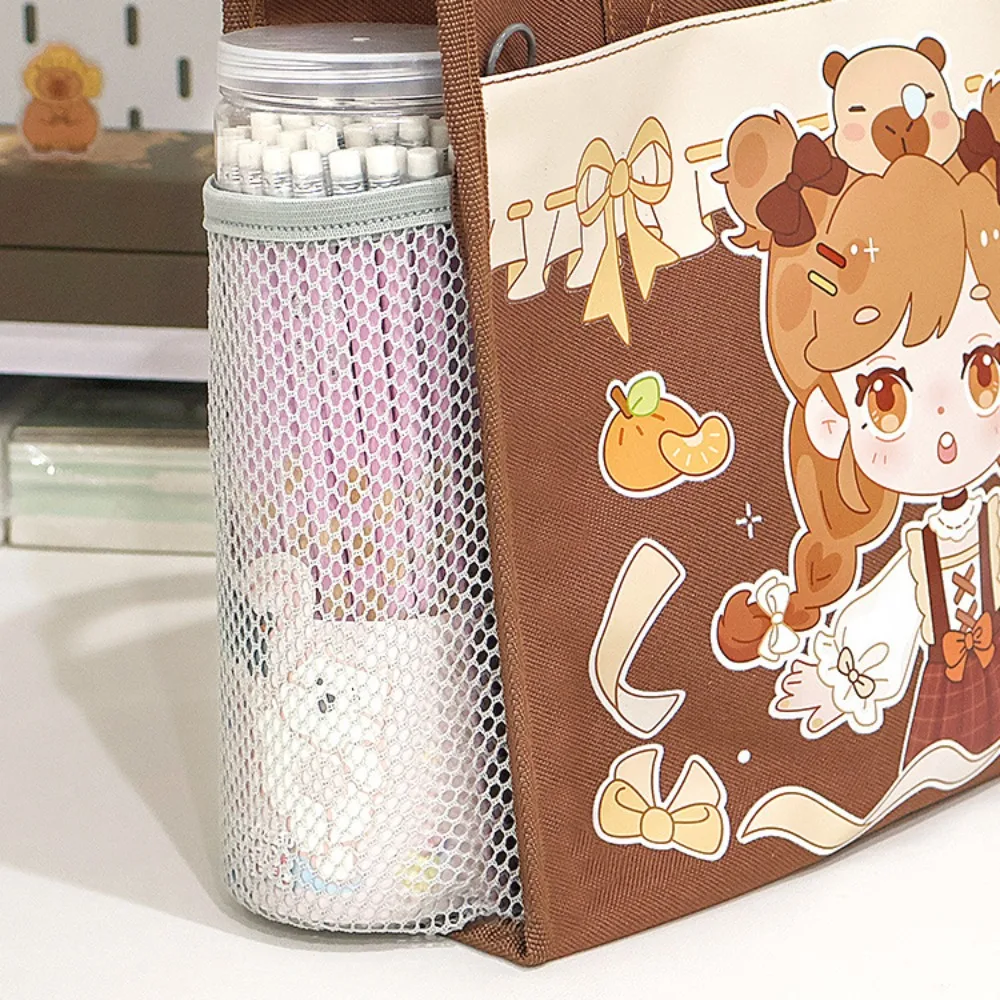 Multifunction Cartoon Tote Tutorial Bag Large-capacity Handheld Capybara Tote School Bag Side Mesh Pocket Portable