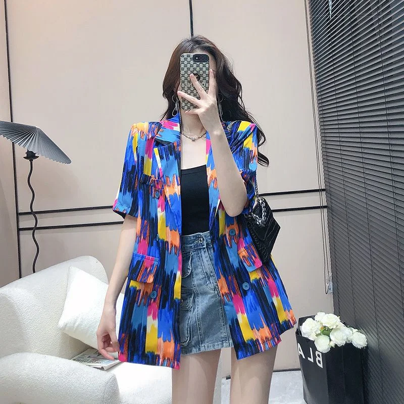 2024 Summer Female New High end Retro Watercolor Speckled Ink Suit Coat Texture High end Explosive Street Top Women Loose Blazer