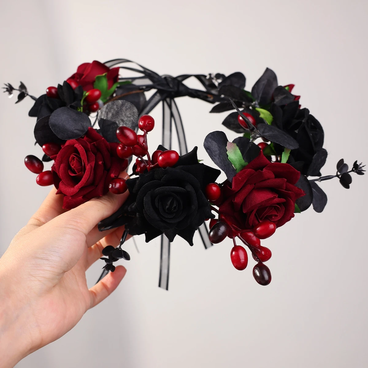 Handamde Baroque Black Rose Flowers Headbands For Women Bride Halloween Hairbands With Ribbon Party Hair Accessories image 4