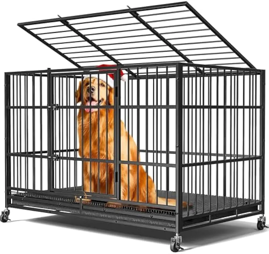 

48" Large Dog Crate with Lockable Wheels, Removable Door, Max Load 300Lbs, Easy to Clean for Medium and Big Dogs