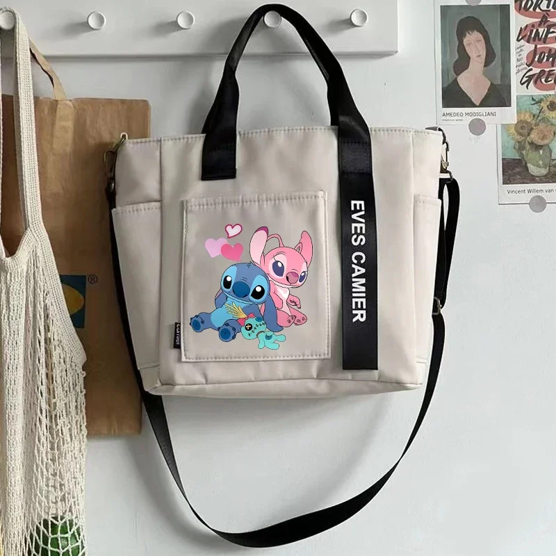 Stitch Disney tas bahu kapasitas besar, tas tangan kanvas tahan air nilon Fashion sederhana tas Messenger untuk sekolah perempuan