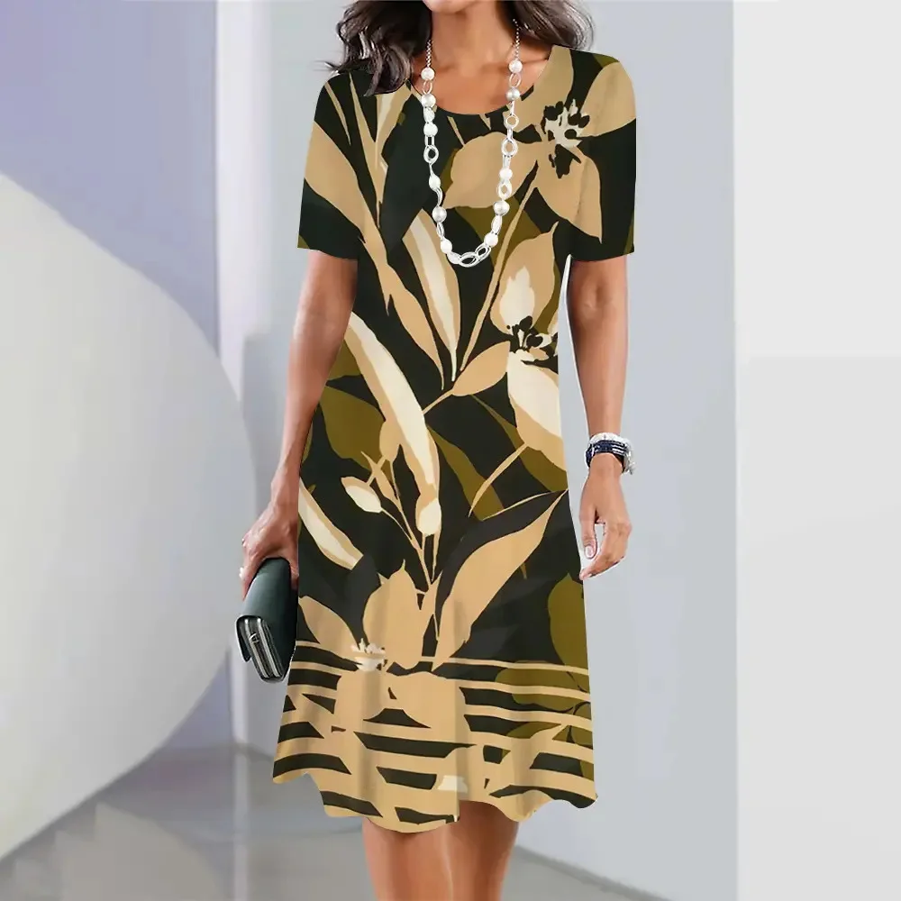 Women's T-shirt Dress Fashionable Flower Print Round Neck Short Sleeved Beach Cover Knee Length Dress Female  Vestidos Elegantes