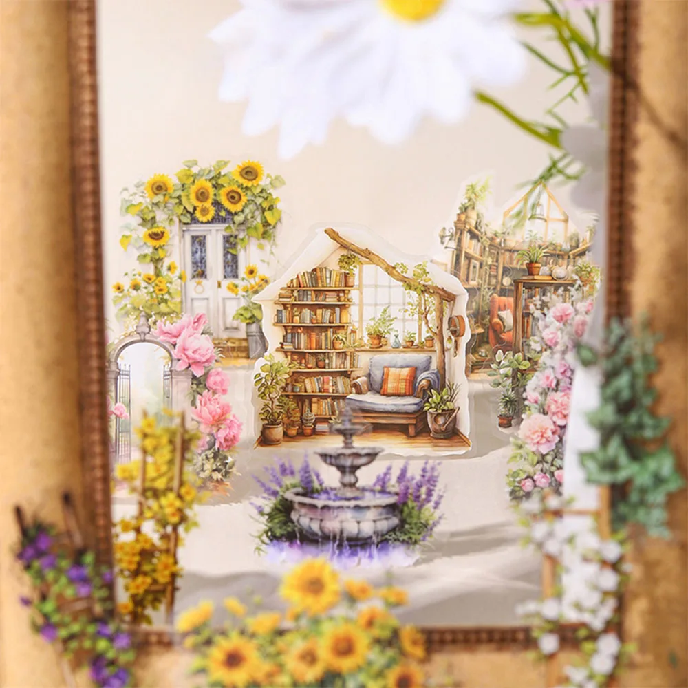 Juego de pegatinas de escena de jardín Retro, 180 Uds./6 paquetes, colores mezclados, pegatinas autoadhesivas reutilizables con acabado de microluz, adecuadas para