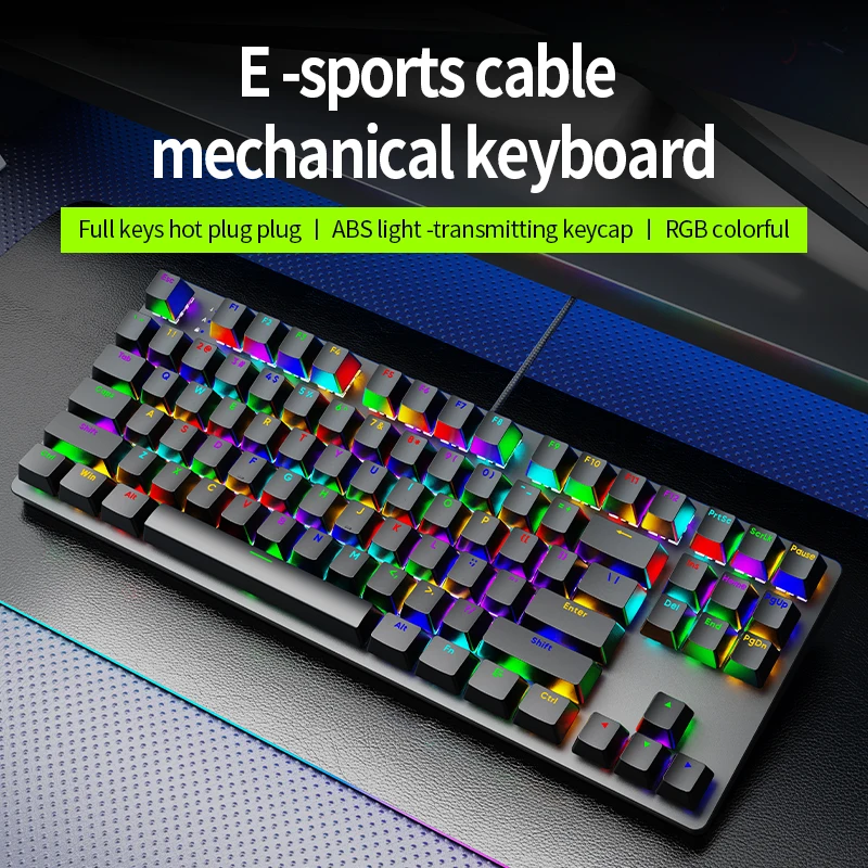 AK87 Hot Swappable Mechanical Gaming Keyboard, RGB Backlit USB Wired, Anti-Ghosting Full Keys, Red/Blue Switch, ABS Keycaps