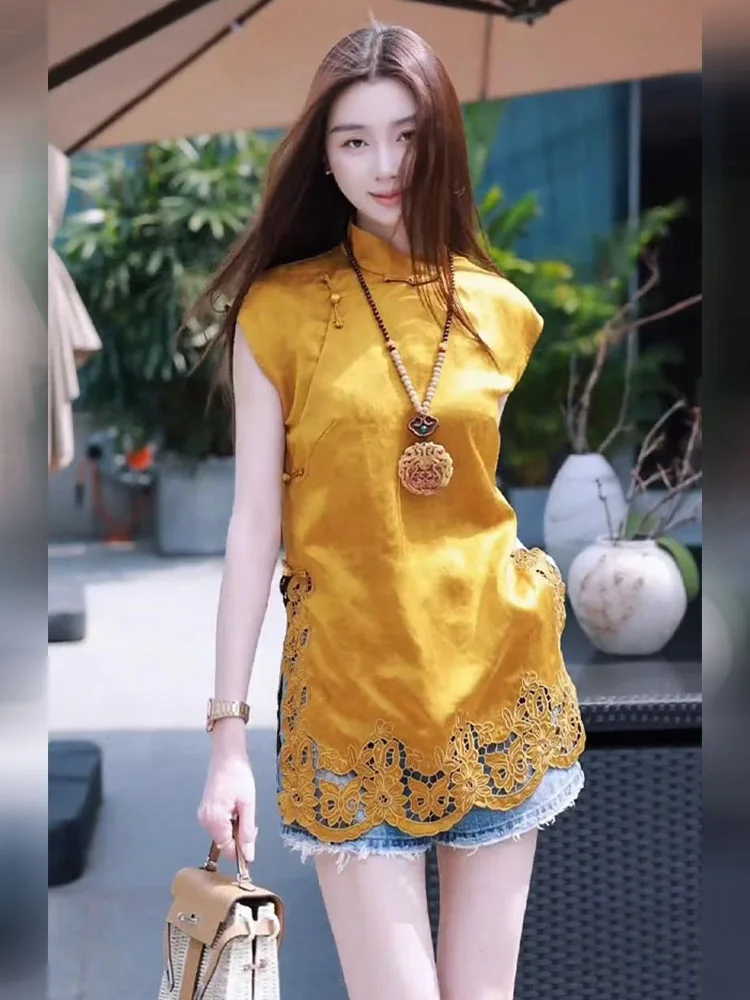 

Новый модный женский желтый кружевной топ Svel irt в китайском стиле, лето 2022, свободный крой для поездок на работу, ort Sve Stand Co...