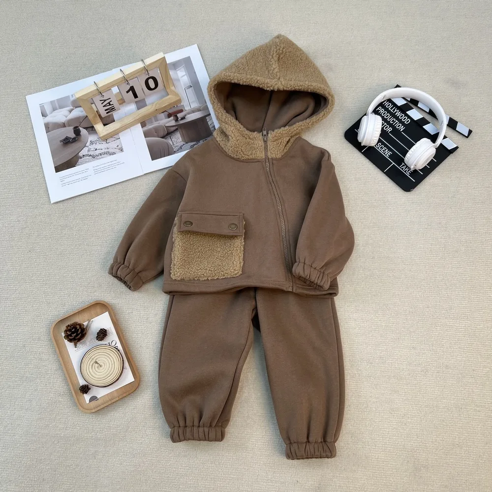 2025 Winter Children's Clothing Set 1-6T Korean Fleece Splice Zipper Hoodie Coat + Sweat Pants Boys Girls Thick Warm 2pcs Suit