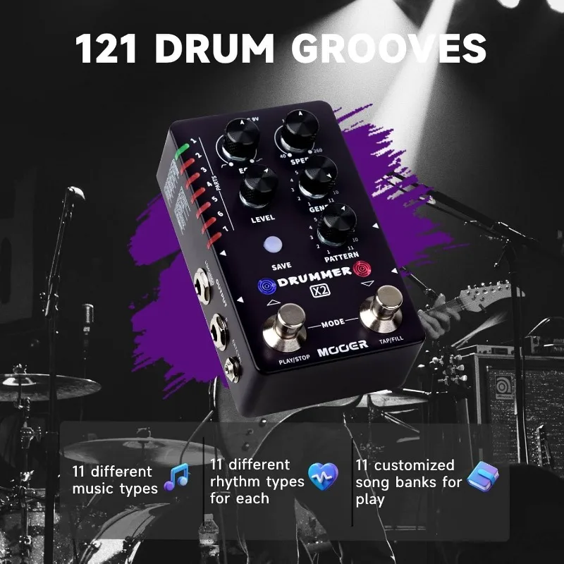 Drum Machine Guitar Pedal with 121 Drum Grooves 11 Music Styles 7 Rhythm Slots Fill Function Tap Tempo Knob for Electric Guitar