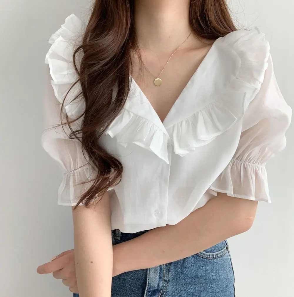 Summer Puff Sleeve Ladies Tops 2024 Vintage V Neck See Through