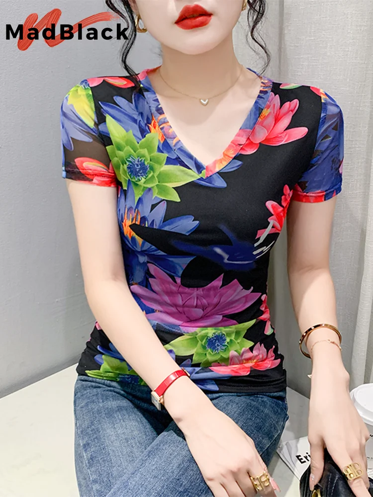 MadBlack Summer European Clothes T-Shirt Ladies V Necks Floral Printed Slim Mesh Pullover Tops Short Sleeve Stretchy Tee T34729M