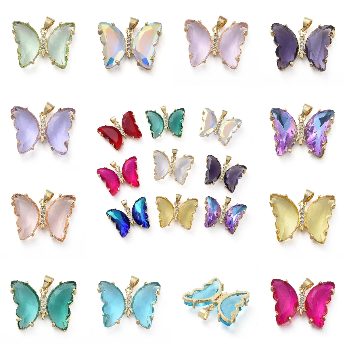 

5Pcs Golden Butterfly Glass Pendants with Brass Micro Pave Clear Cubic Zirconia Multicolor Charms for Necklace Jewelry Making