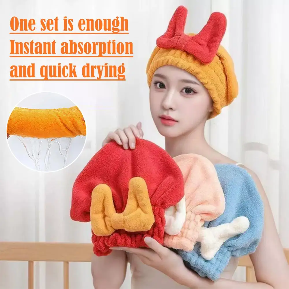 

Hair Drying Cap Thickened Women Soft Cute Bowknot Style Quick Drying Hair Excellent Absorption