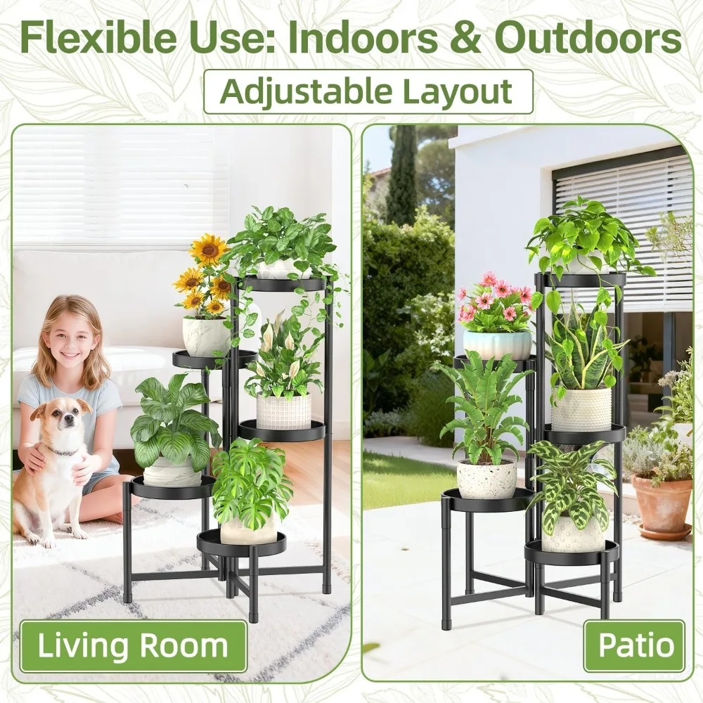 حامل نباتات معدني بزاوية 5 طبقات، رف عرض زهور داخلي وخارجي قابل للتعديل لغرفة المعيشة في الفناء والحديقة، أسود #6