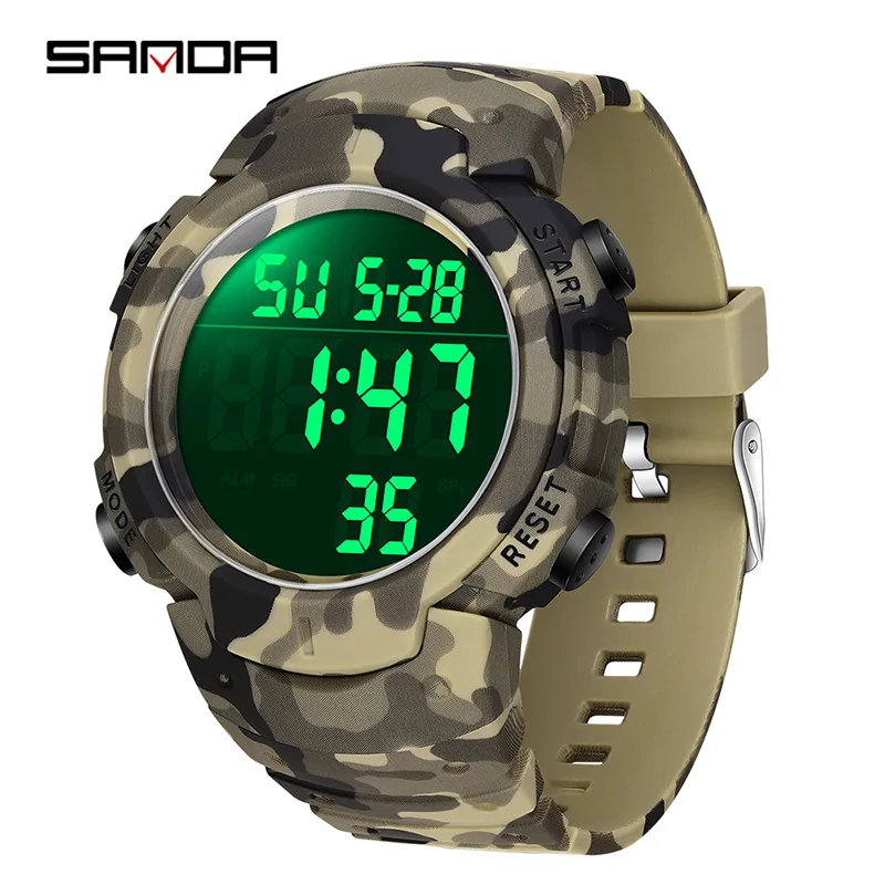 ساعة SANDA 2182 للرجال الإلكترونية المموهة متعددة الوظائف، ساعة بحزام سيليكون مقاومة للماء