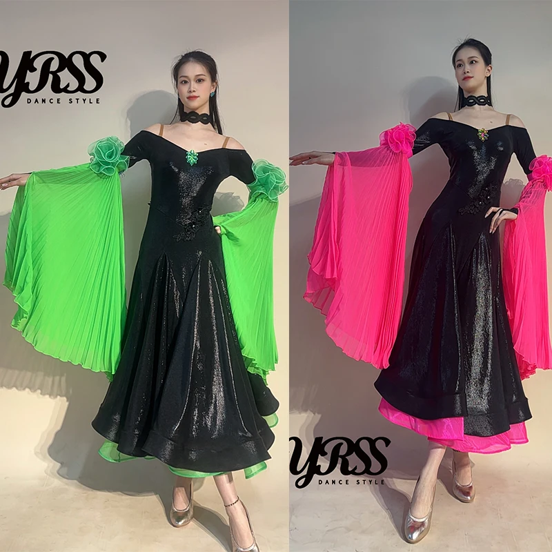 2026 Ballroom Dance Costume Waltz Dance Competition Dress Women Neon Pink Green Flower Sleeves Glossy Black Dress Tango BL20157