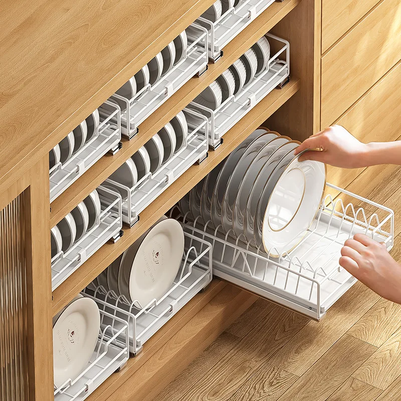 Free Installation Bowl Dish Rack Built-In Cabinet Storage Shelves Pull-Out Stand for Plates Drainage Kitchen Shelf