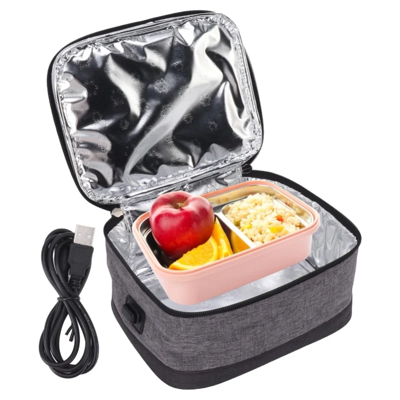 Bolsa aislante de calefacción USB, contenedor de alimentos con calefacción eléctrica portátil, bolsa calefactora de temperatura constante para exteriores, gris claro