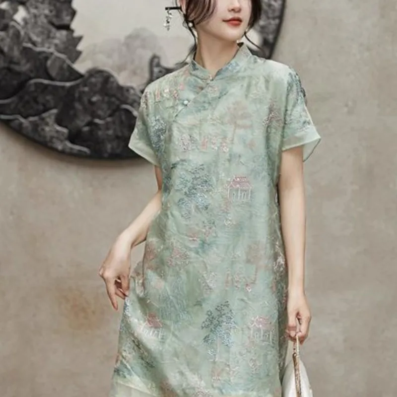 

Women's Summer Standing Neck Embroidered Button Short Sleeved A-line Dress Fashion Casual Slim Fit Elegant Mid Length Dresses