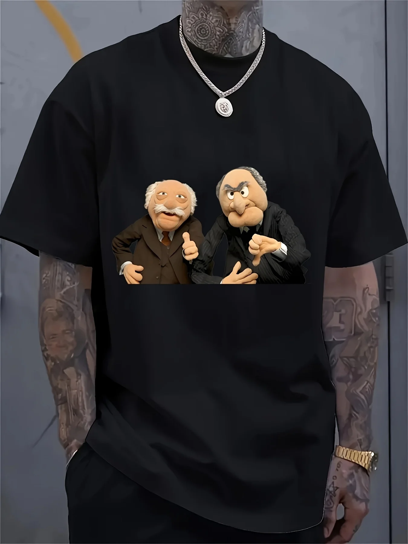 Men'S Statler & Waldorf "Puppet Show" Graphic T-Shirt - Black Casual Short Sleeve Tee with Vintage Puppets Print