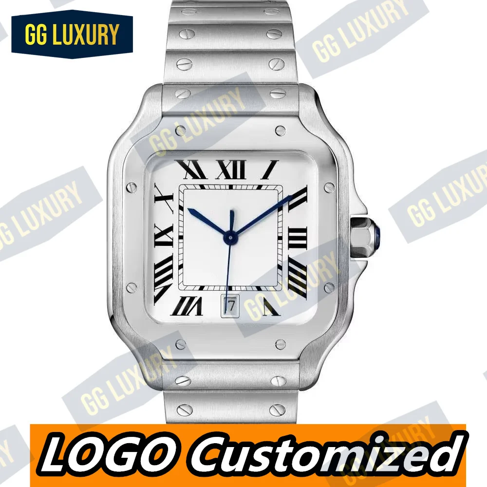 

Modified Santos Luxury Automatic Mechanical Watch Unisex Leather Stainless Steel Blue Black Roman Gold Bezel