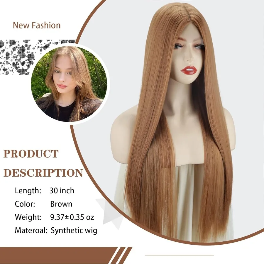 باروكات بنية طويلة للنساء في الجزء الأوسط من خط الشعر الاصطناعي شعر مستعار كامل ذو مظهر طبيعي ملابس الحفلات اليومية 30 بوصة للحفلات التنكرية للهالوين #2