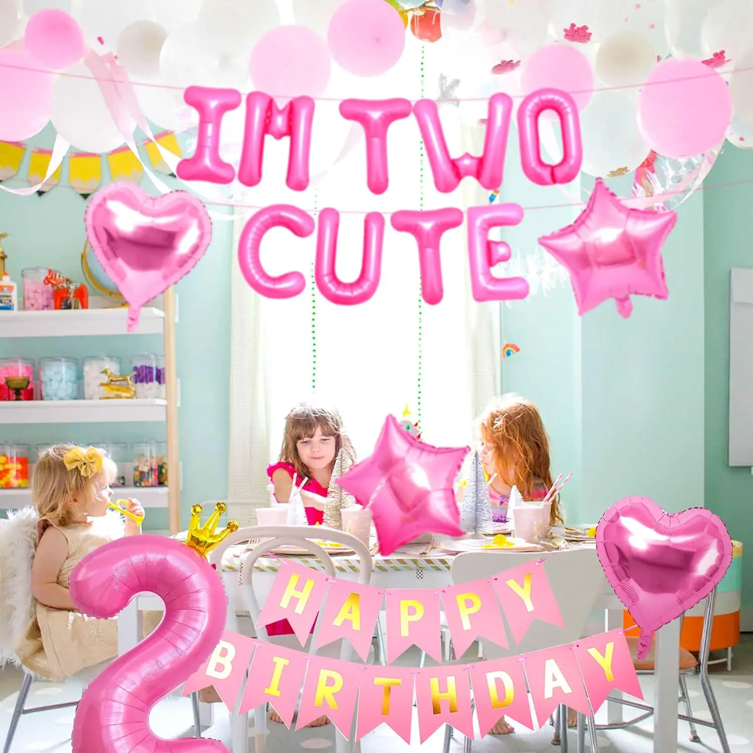 LaVent Im Two Cute Birthday Decoration Girl Im Two Cute Balloon Pink Number 2 Balloons Girl 2nd Birthday Decoration