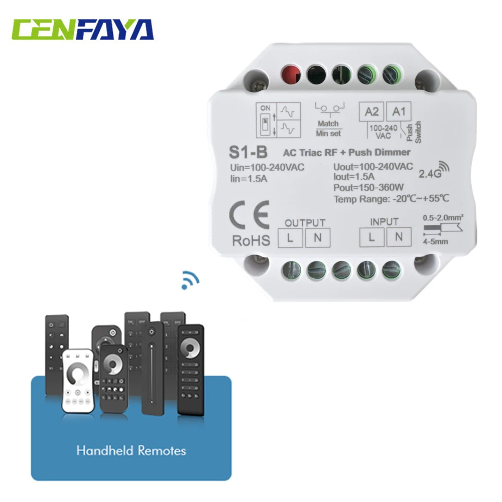 AC Triac RF Push Dimmer 220V 110V 230V 256 Level Smooth Dimming 1.5A Max 360W LED Incandescent Halogen Compatible Overheat Prot