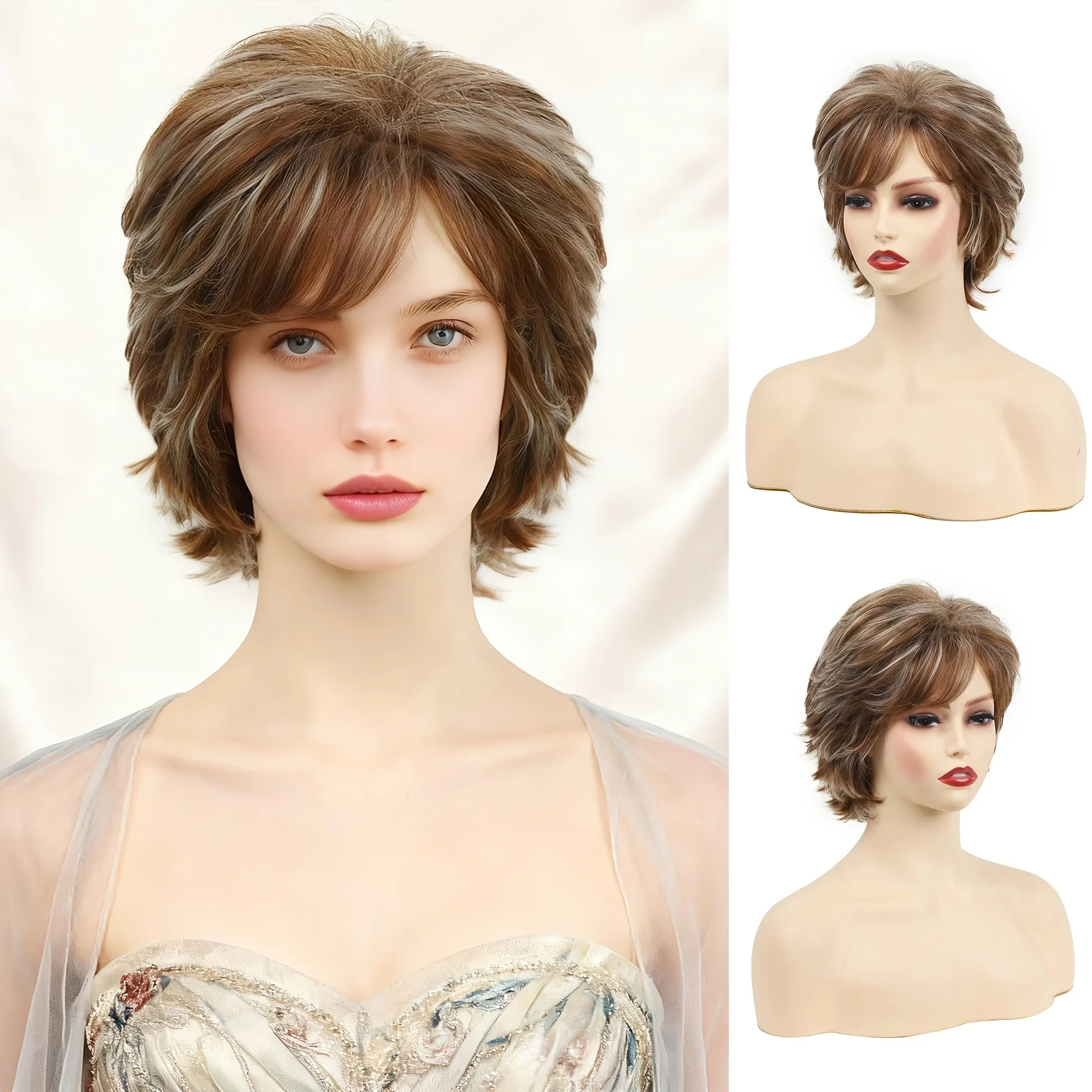 

Короткий кудрявый парик для женщин среднего возраста, синтетический, с челкой на бок, в оттенках коричневого и белого, элегантный, объемный